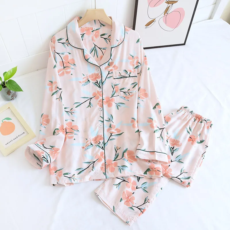 Women Pajamas Set 100% Viscose Flower Print Elegant Pyjamas For Lady Button Closure Sleepwear Homewear Rayon Cotton pjs