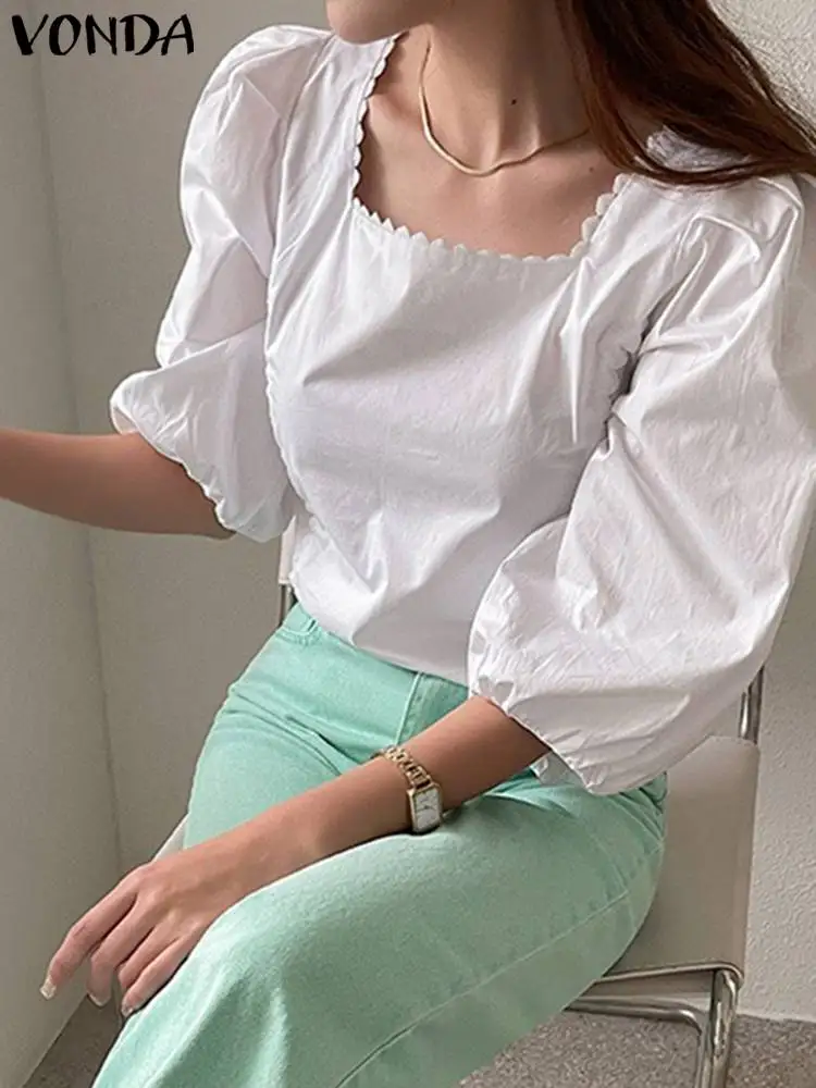 

VONDA Summer Women Tunic Tops Elegant Blouses 2023 Fashion Shirts 3/4 Puff Sleeve Sexy Square Collar Casual Loose Solid Blusas