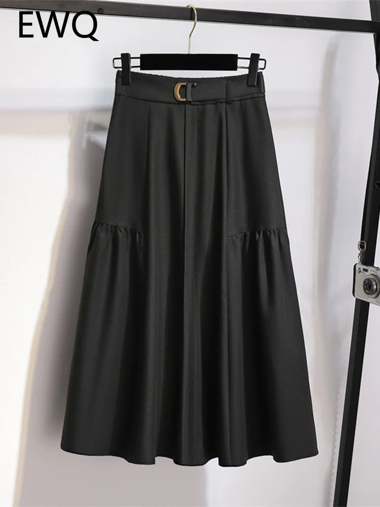 

EWQ Shirring Patchwork Vintage Design Women's Skirt Solid Color High Waist A-line Elegant Female Skirts Autumn 2023 New 27SN2870