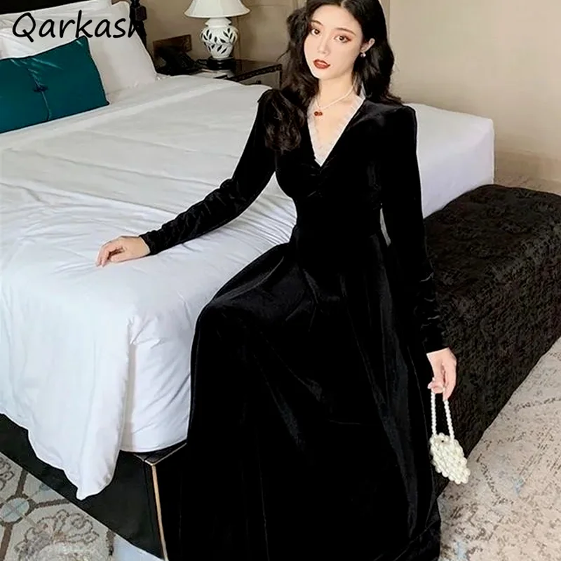

Dresses Women Vintage Autumn Patchwork Elegant V-neck Party Fashion Femme Ankle-length Mujer Slim Harajuku Velvet Retro Casual