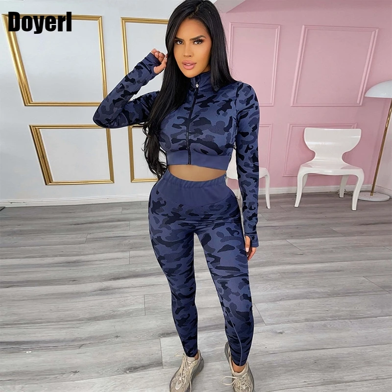 

Fitness Casual 2 Piece Set Tracksuit Women Sport Suits Sets Casual Camo Zip Jacket Top and Leggings Joggers Women Sweatsuit Set