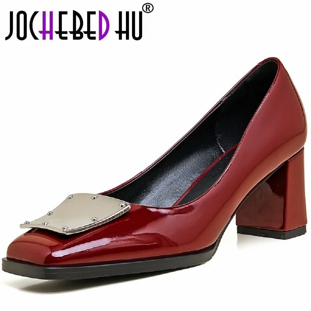 

【JOCHEBED HU】spring and Autumn new single shoes women's middle heel leather shallow mouth patent leather square head small high