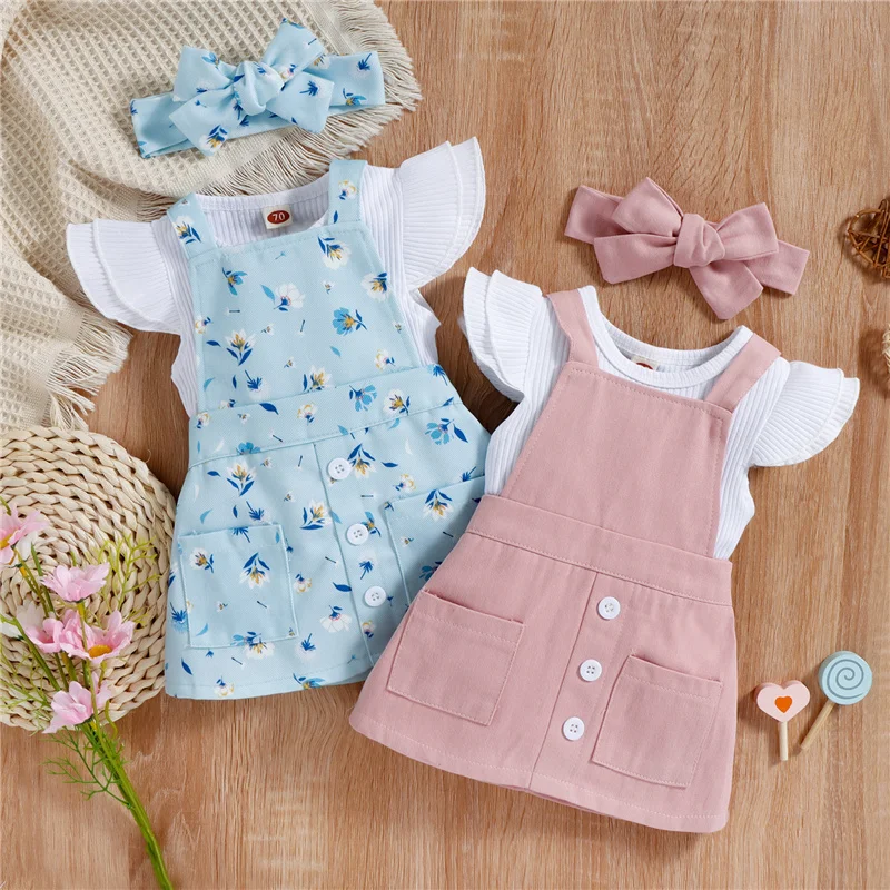 

Blotona 3Pcs Baby Girls Romper Outfit, O-Neck Fly Sleeve Bodysuit + Solid Color/Floral Print Suspender Skirt + Headwear, 0-18M