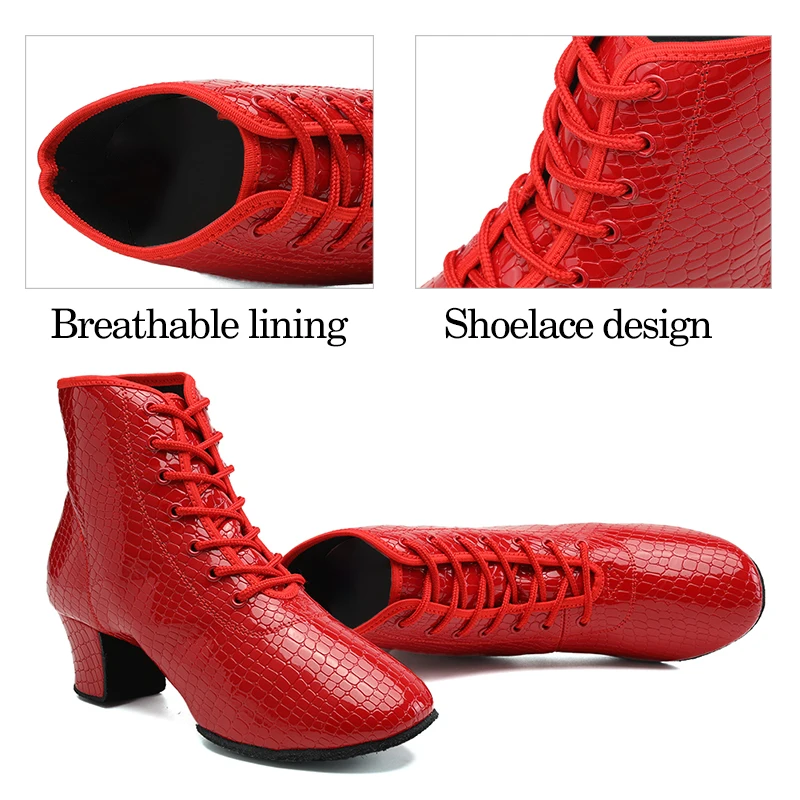 DKZSYIM NEW Women Latin Short Boots Ballroom Jazz Modern Dance Shoes Lace Up Dancing Boots Red Black Sports Dancing Sneakers