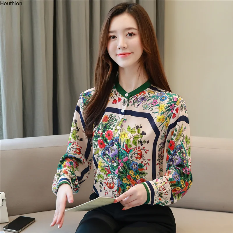 

Houthion Casual Shirt New Printed Silk Long-sleeved Blouse Stand-up Collar Summer Tops Thin Comfortable Fashion Lady Blusas