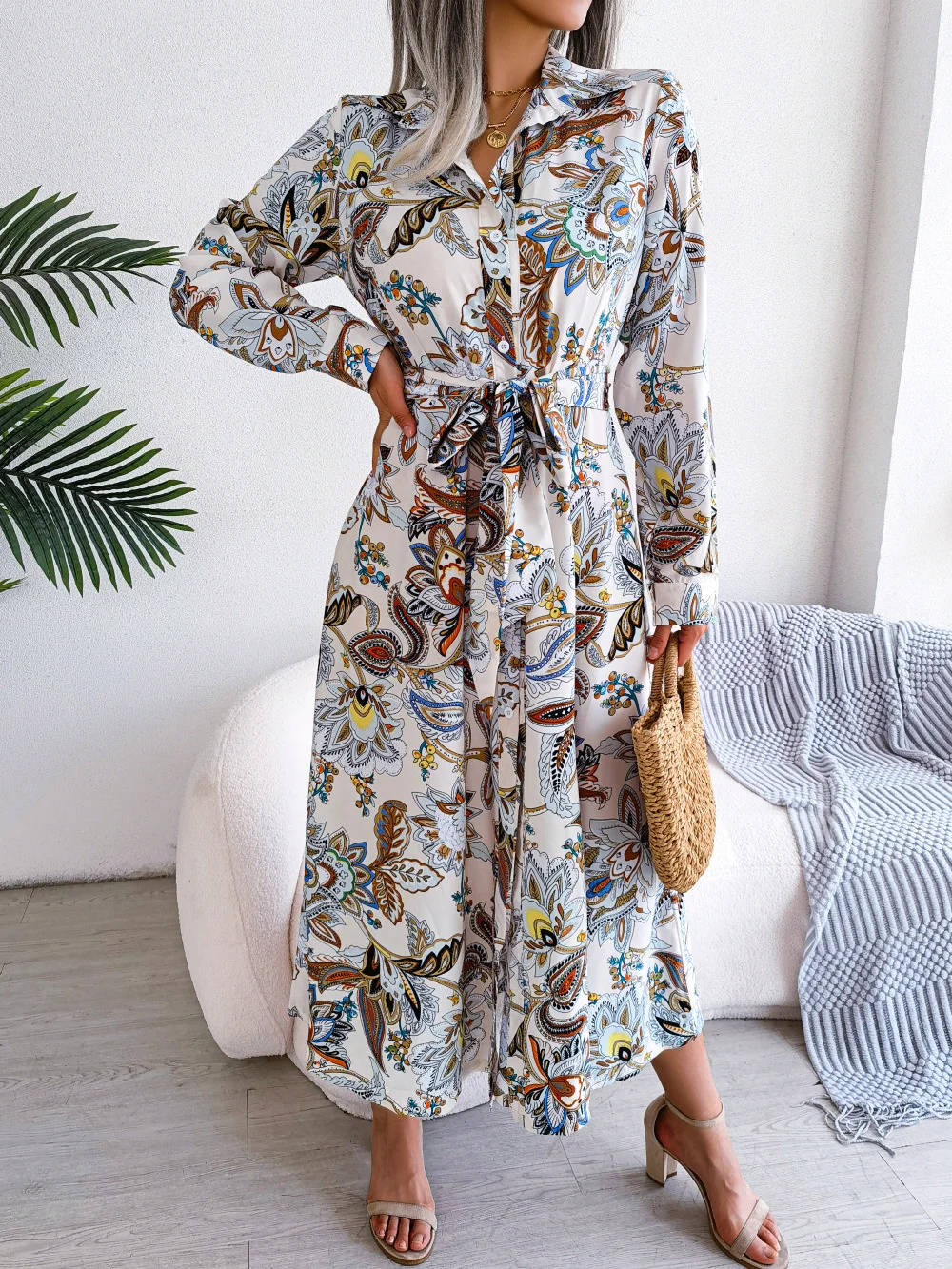 

2023 Spring/Summer new elegant casual dress,fashion Floral Collar Lace up Shirt Dress Women's Dress