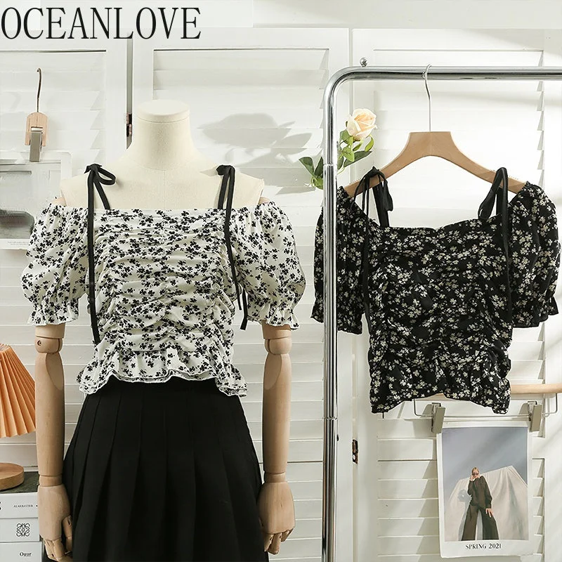

Blouses Women Tops loral Print Pu Sleeve Spring Summer Sexy Blusas Mujer Sweet Vintage Slim Korean Short Shirts