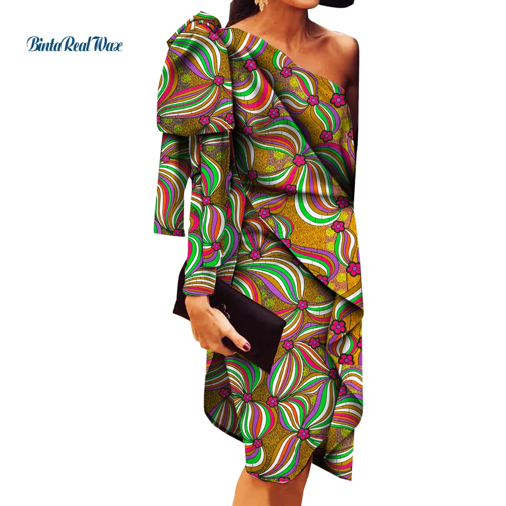 

Африканские платья для женщин на одно плечо, традиционное этническое облегающее платье до колена с длинным рукавом, платье для гостей свадьбы WY10068