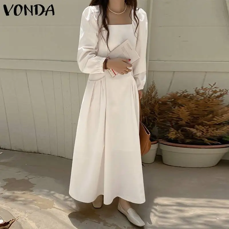

Женское летнее платье VONDA 2022, летние однотонные Длинные Макси-платья, повседневные мешковатые женские платья с пышными рукавами