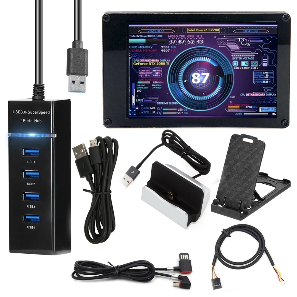 

AIDA64 3.5-Inch Chassis Display Kit with USB Hub+Charging Base+Elbow Data Cable+4Pin Motherboard Adapter Cable 9-Pin