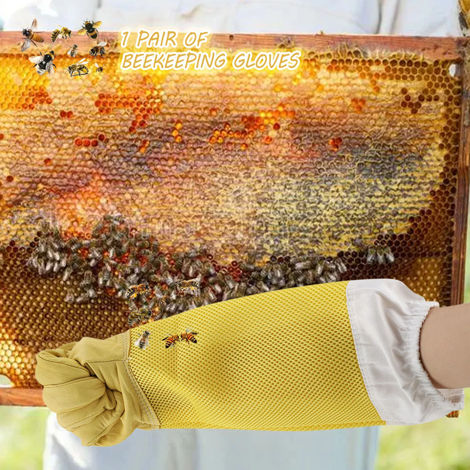 

1 Pair Beekeeping Gloves Leather Beekeeping Gloves Ventilated Long Sleeves Elastic Cuffs Design Protect Hands For Beekeeper