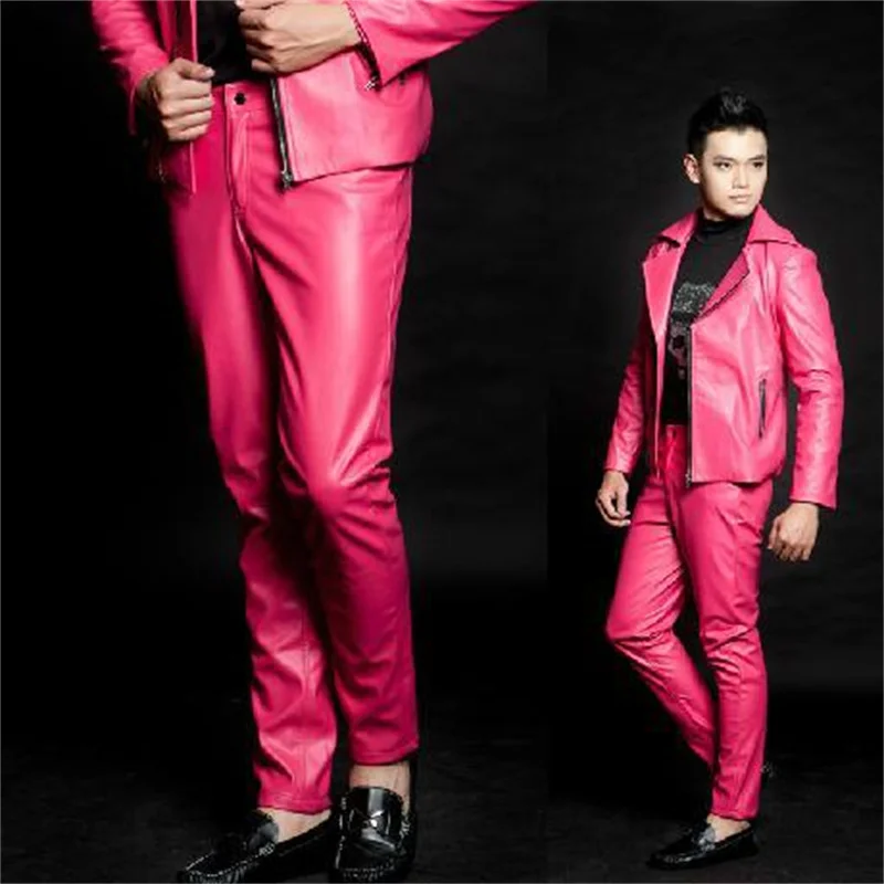 Red Singer costumes PU faux leather pants for the mens 1 pants man stage Rivets trousers mens pants clothing Provide custom