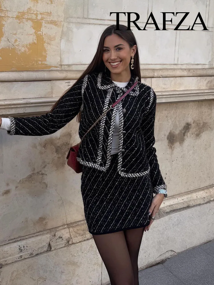 TRAFZA женский костюм с юбкой шикарный однобортный вязаный кардиган в полоску