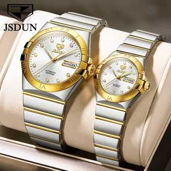 JSDUN Automatic Couple Watches Japan Movement Sapphire Mirror 100M Waterproof Luxury Diamond Gold Watch Lover's Watch Set Gift 1