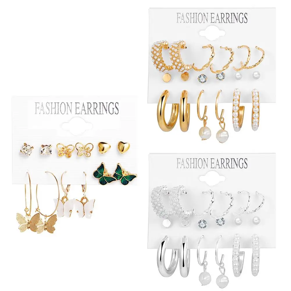 Серьги-гвоздики женские металлические с жемчугом 9 шт.