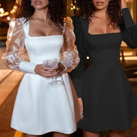 2022 european and american summer new womens fashion sexy mesh stitching lantern sleeves solid color waist dress women