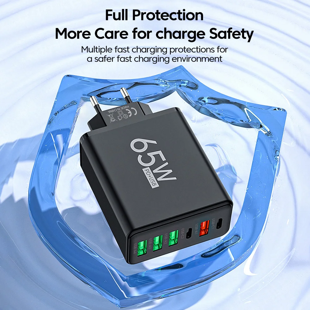 Адаптер Быстрой Зарядки USB-C Мощностью 65 Вт. 6-портовое Зарядное Устройство.
