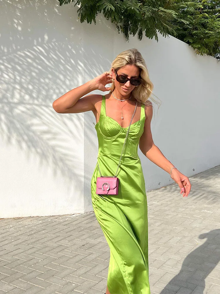 

Женское шелковое атласное платье-лиф без рукавов с подтяжками