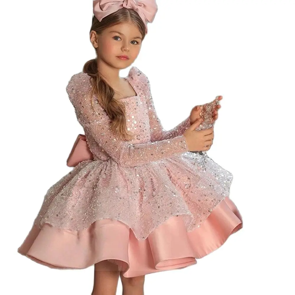 

Glitter Charming Flower Girl Dresses Long Sleeves Birthday Wedding Guest Robe De Demoiselle Princess Communion