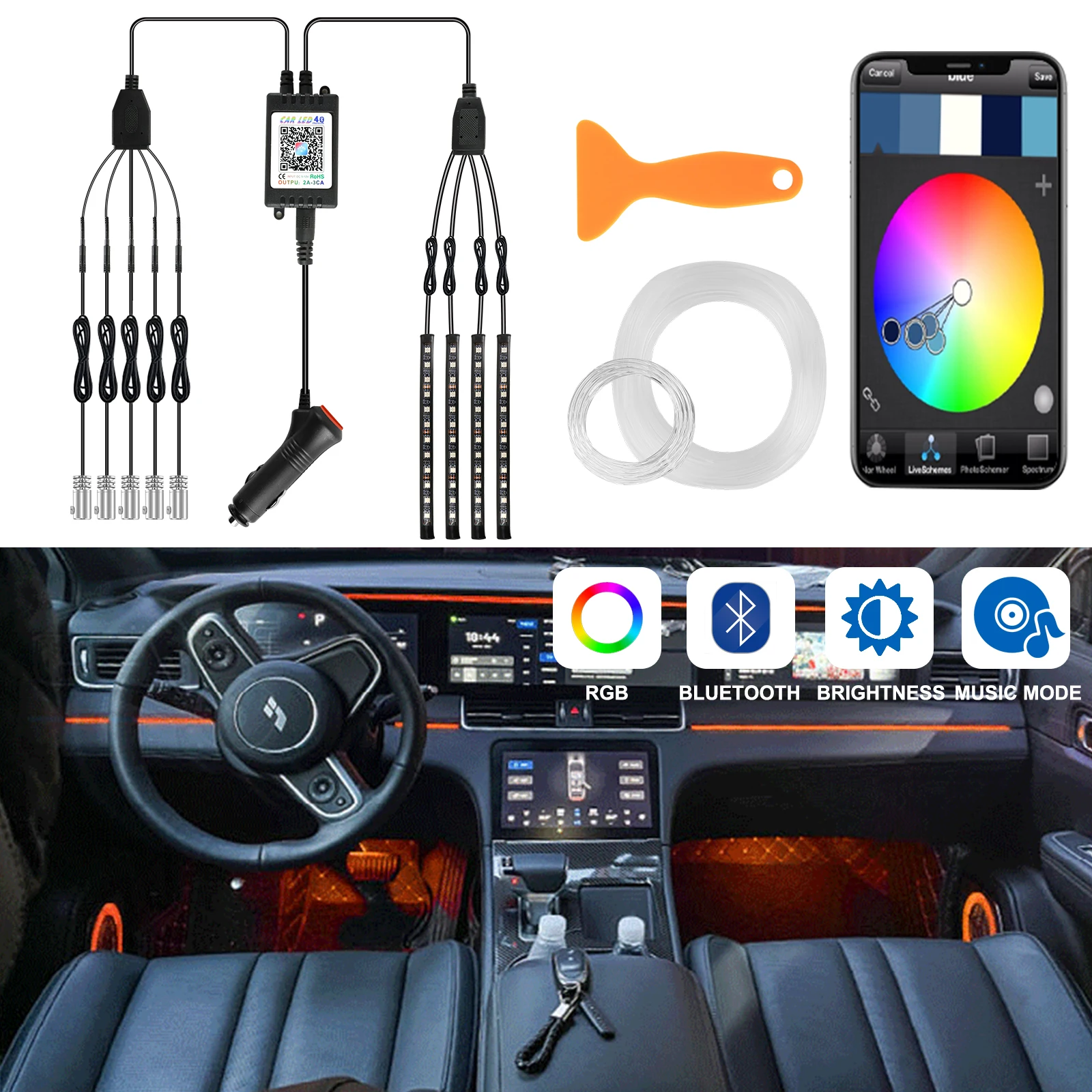 

Interior Car LED Strip Lights 9 in 1 Multicolor RGB Car Neon Ambient Lighting Kits with 4 Under Dash Lighting & 5 Fiber Optic LE