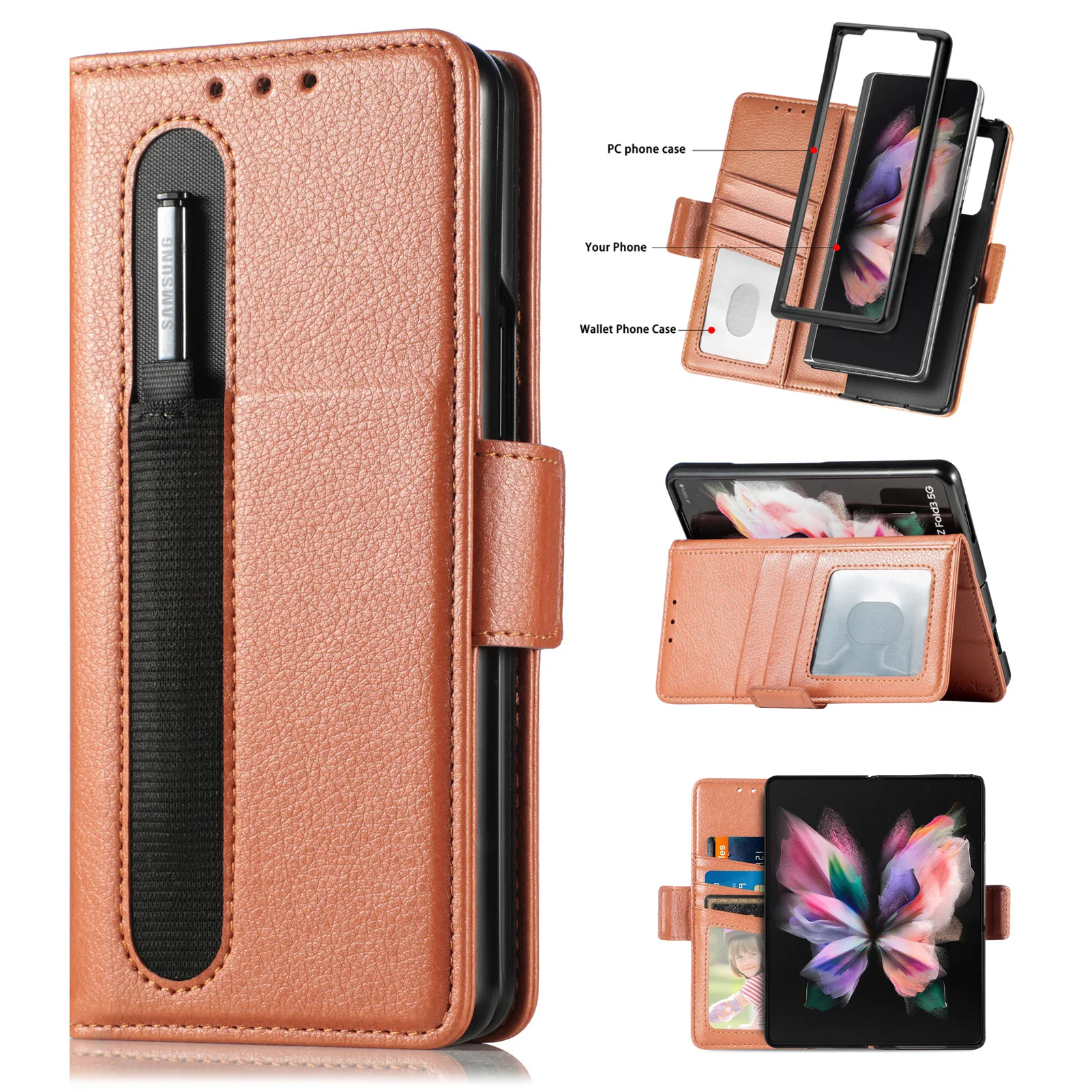 

Folding Leather Cover For Samsung Galaxy Z Fold 4 3 Fold4 Fold3 5G Wallet Phone Case With Pen Slot & Card Solt Pocket Holder