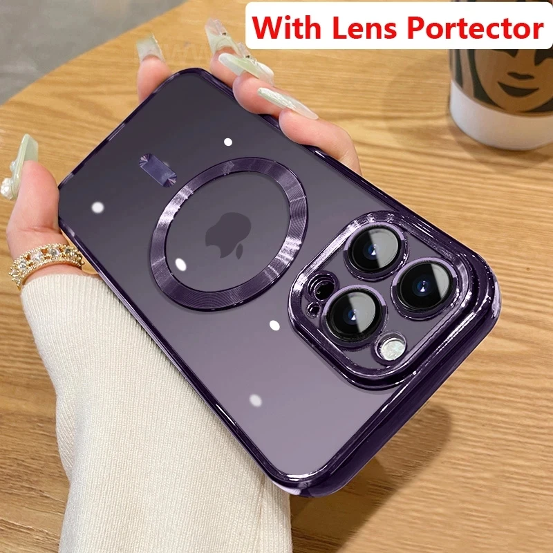 

For iPhone 13 12 11 14 Pro Max 14Plus Luxury Electroplate Magsafe Wireless Charge With Lens Protection Soft Bumper Cover