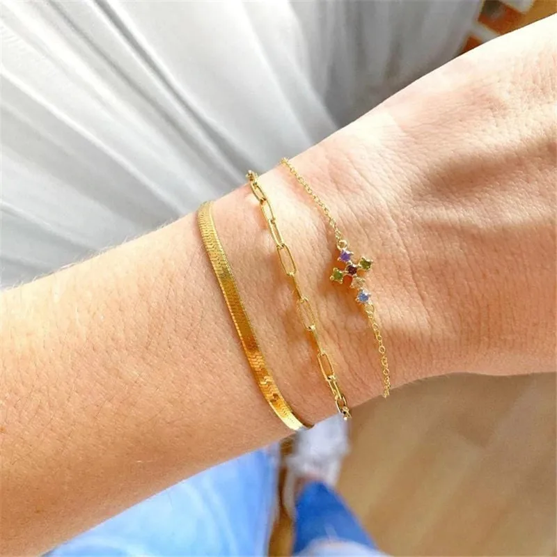 

Aide 3pcs/set New Trendy Snake Chain Bracelets for Women Zircon Bar Cross Charm Copper Metal Bangle Adjustable Jewelry Accessory