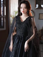 2022 black celebrity dress long sleeve beading applique v neck party a line luxury lace tulle vintage prom gowns customize size