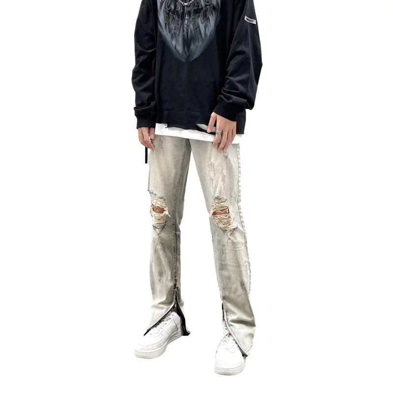 Винтажные рваные джинсы Хай-стрит моющиеся чтобы сделать старый разрез на молнии