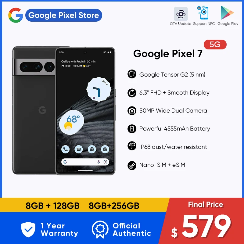 Смартфон Google Pixel 7 телефон, 8 ГБ ОЗУ 128 ГБ/256 Гб ПЗУ, экран 6,3 дюйма FHD, задняя камера 50 МП, NFC