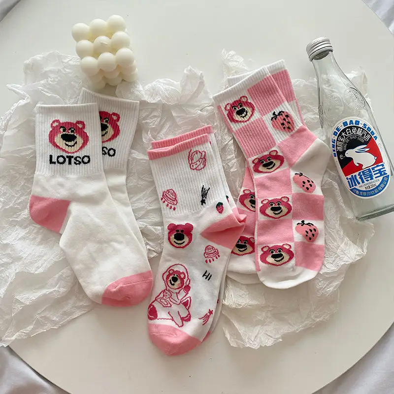 Модные белые розовые чулки с принтом Медвежонок в стиле Харадзюку | Чулки
