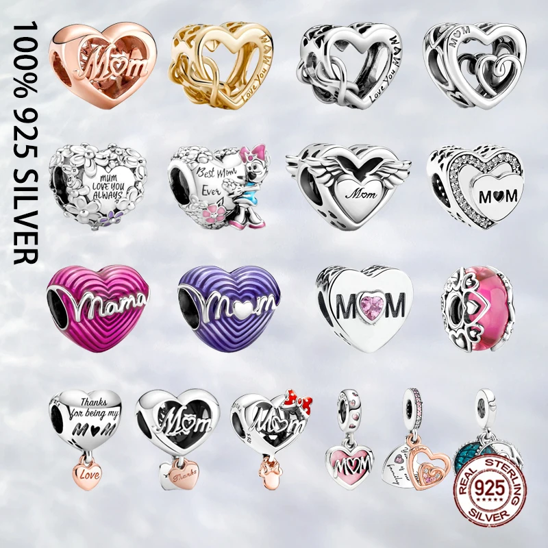 

Fit Original Real 925 Sterling Silver Mother's Day Gift Double Heart Split Dangle Charm For Women Bracelet Trinket DIY Jewelry