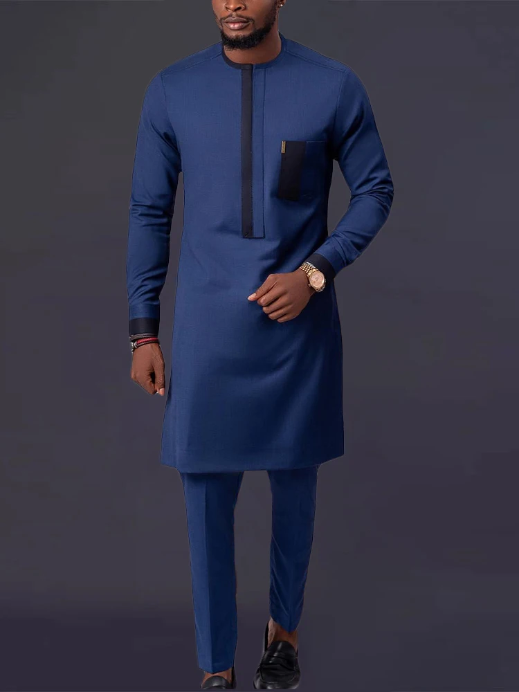 

Men's Fashion Leisure Luxury Navy Blue Geometric Print Two-Piece Set