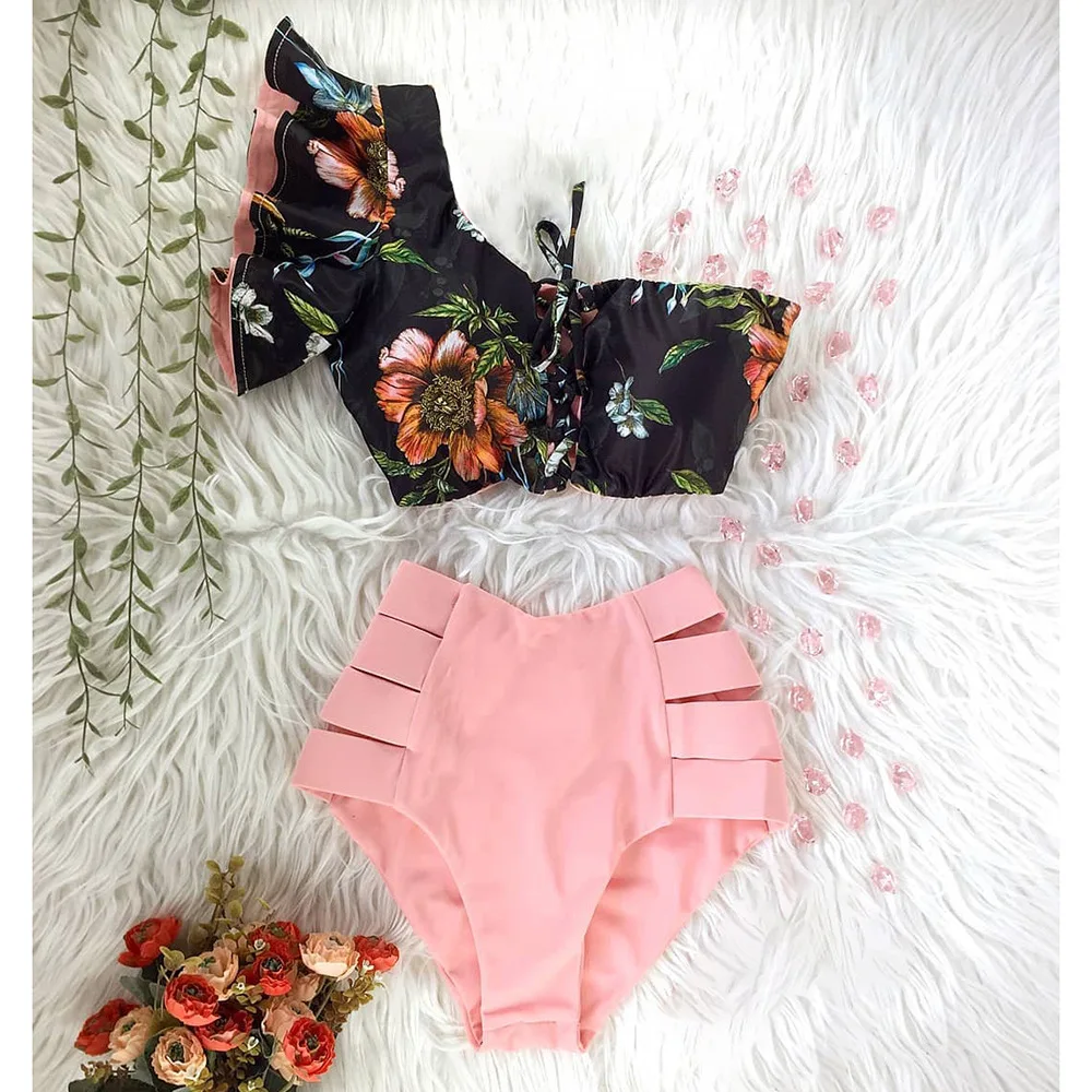

Women's One-Shoulder Ruffled Printed High Waist Split Swimsuit European and American Bikini Strap 2022 New Bikini