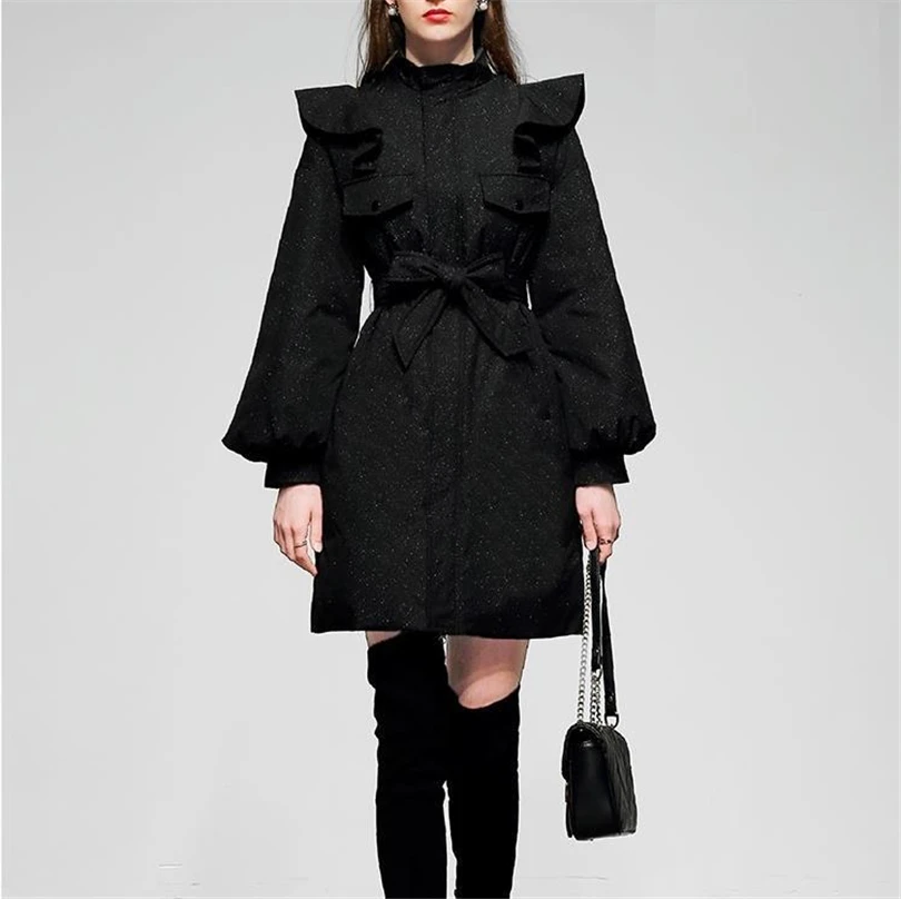

Winter new women temperament elegant black down jacket ruffled lace up white duck down parka fashion winter female outwear Y3251