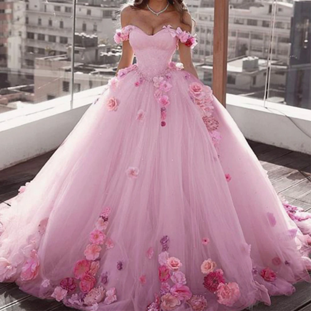 

Pink Luxury Quinceanera Dresses 2022 Off Shoulder 3D Flowers Princess Ball Gown Sweetheart Fluffy Sweetie 18 Dresses for Girl