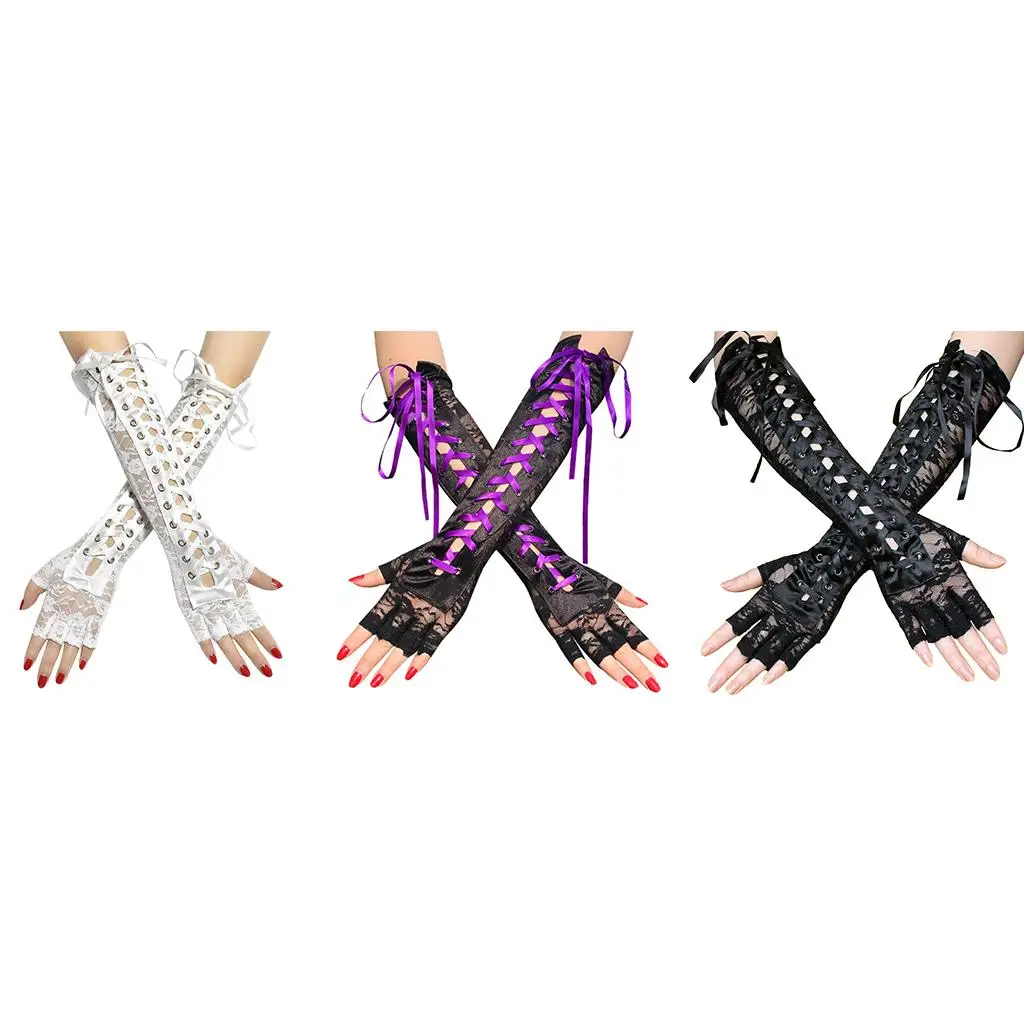 

Women Lace Bridal Bride Long Gloves Elbow Length Bandage Lace Half Finger Gloves Wedding Costume Prom