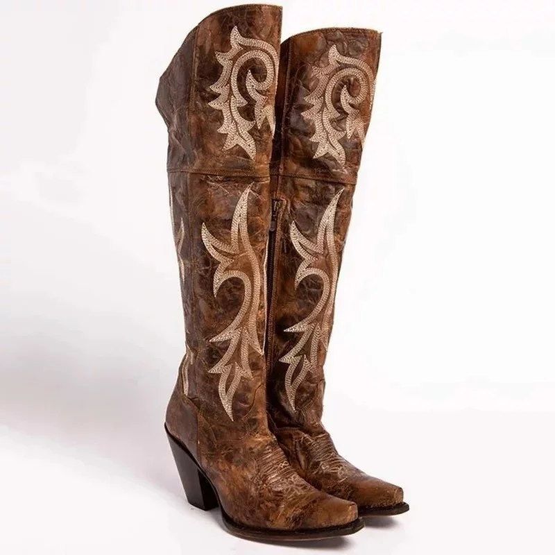 2023 New Western Cowboy Boots Retro Printing Knight Boots Women Chunky High Heels Knee High Boots Ethnic Shoes
