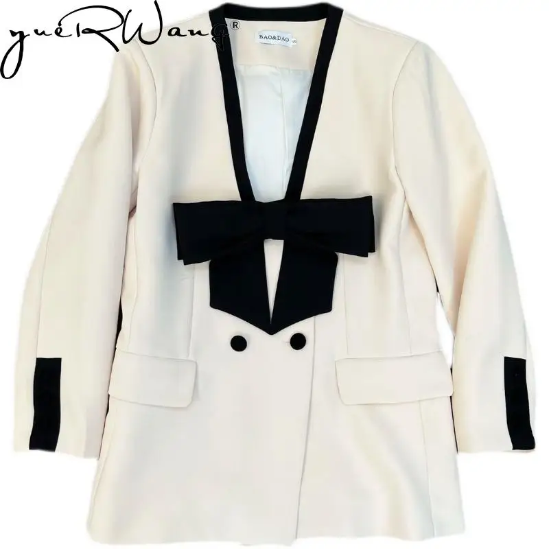 

YUERWANG Women Blazer Temperament Color Matching Bow Long Sleeve Ladies Suit Coat All Match Ladies Suit Jacket Top Spring 2022