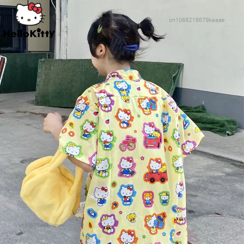 Sanrio Hello Kitty Summer Clothes Yellow Shirts Vintage Fashion Designer Short Sleeve Shirt Women Cartoon Casual Tops Y2k Blouse