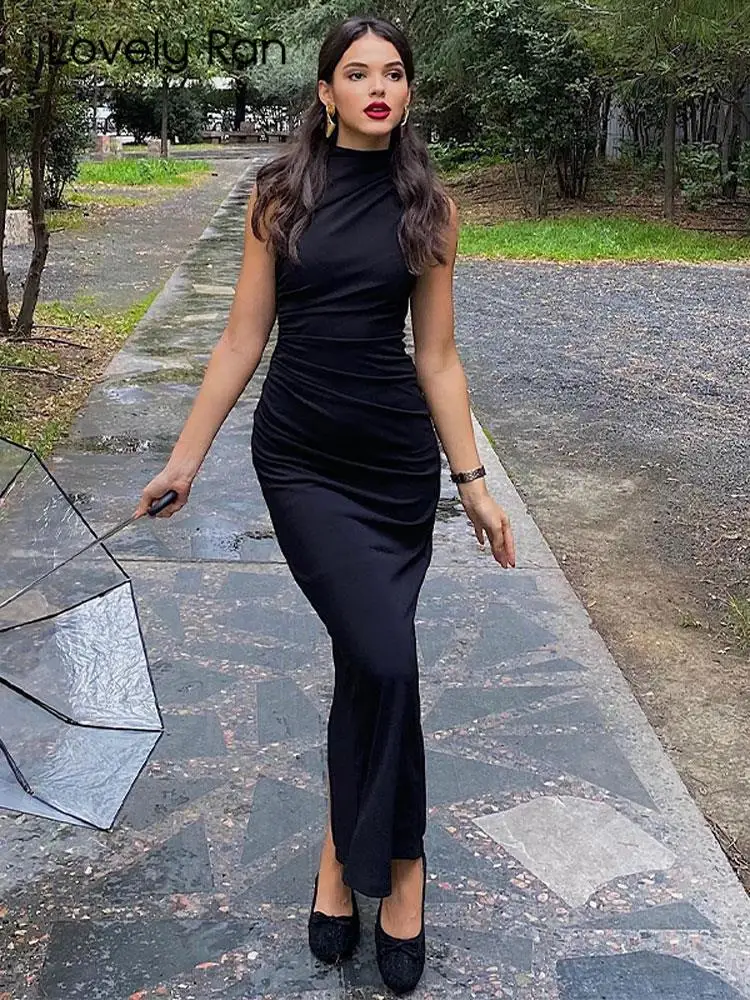 

Модные черные облегающие платья средней длины с круглым вырезом для женщин, облегающее платье без рукавов с полувысоким воротником, Осеннее женское платье вечерние Club Vestidos