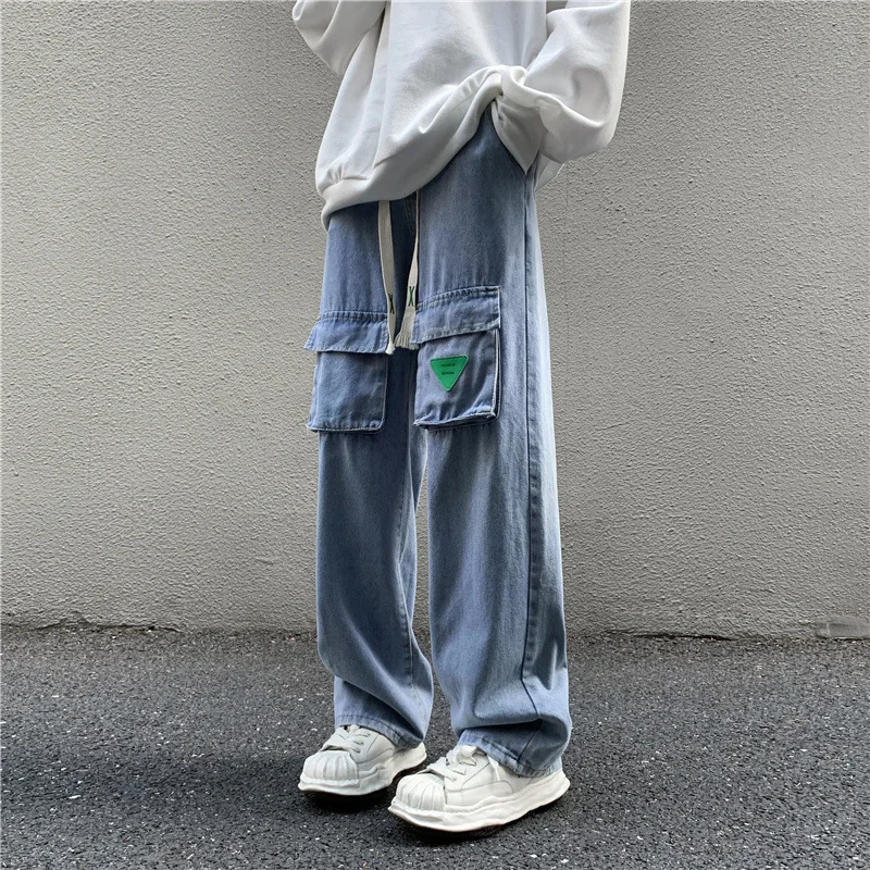 DEEPTOWN Pocket Cargo Jeans Men Straight Denim Workout Pants Hip Hop Classic Fashion Trousers Male Black Blue Spring Autumn