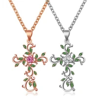 flower design cross pendant necklace for women girl rhinestone shining christian religious jesus jewelry