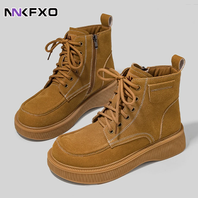 

Wome's boots Suede Ankle Boots Square Heels Ladies Lace Up Zipper Shoes Woman Fashion Casual Boots Female Winter Footwear vc5137