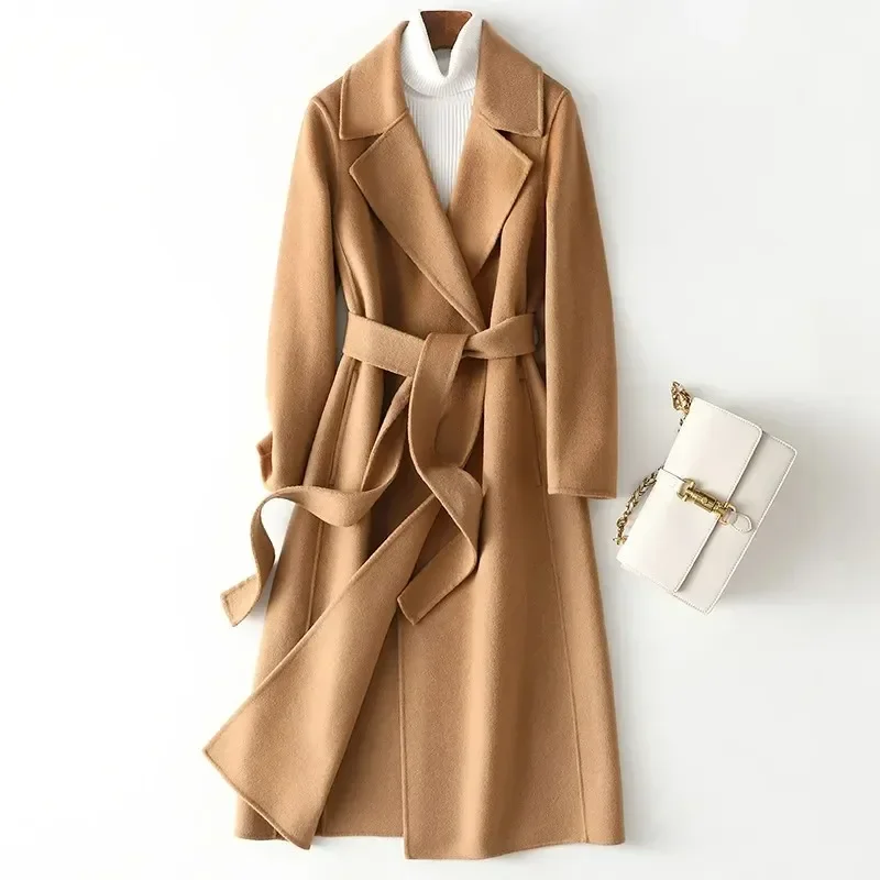 

2022 Autumn 100% Wool Coats with Belt Fashion Open Stitch Elegant Woolen Cashmere Coat Veste Femme Tops Abrigo Mujer