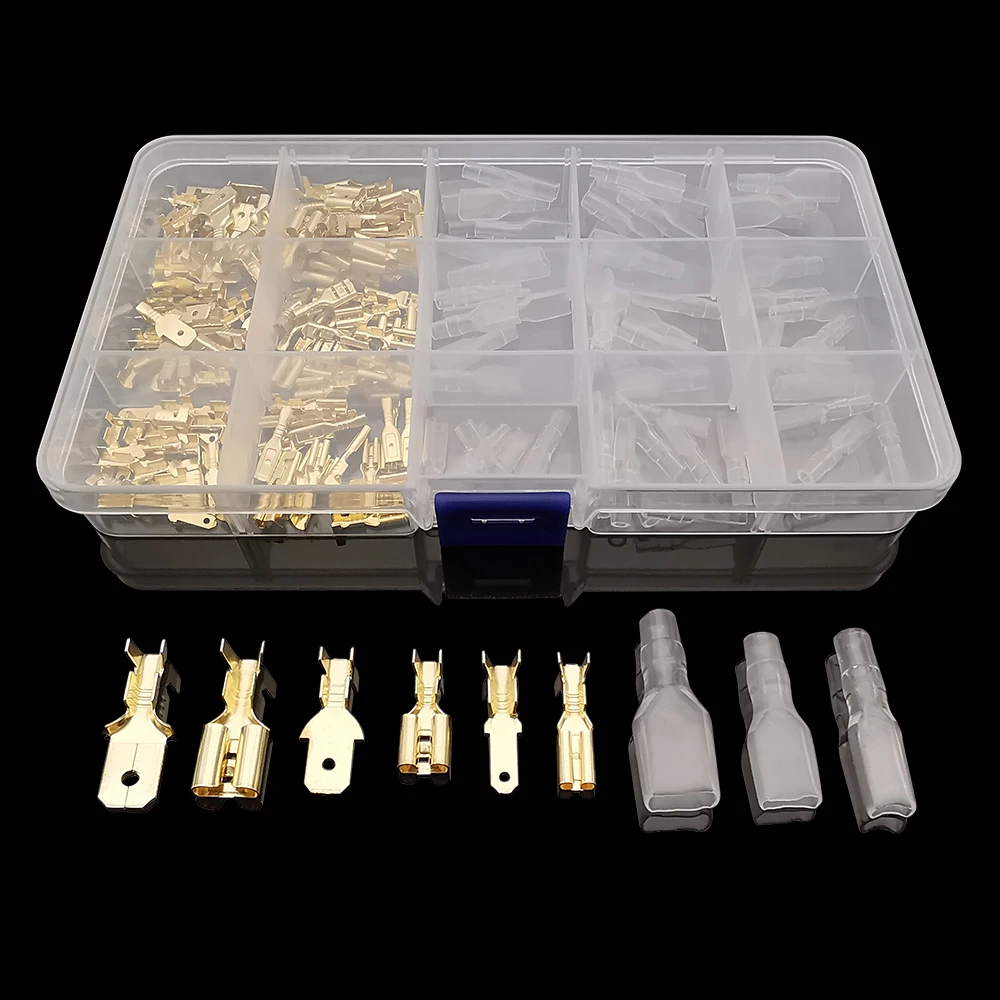 

180Pcs/Box Brass Male Female Wire Spade Connector 2.8/4.8/6.3mm DIY Electrical Wiring Crimp Terminal Block Insulating Sleeve Kit