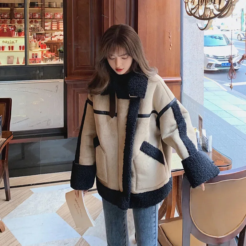 Women's Fashion Winter 2021 Women's Korean Chic Loose Thick Retro Fur All-in-one Motorcycle Suit Lamb Hair Long-sleeved Jacket