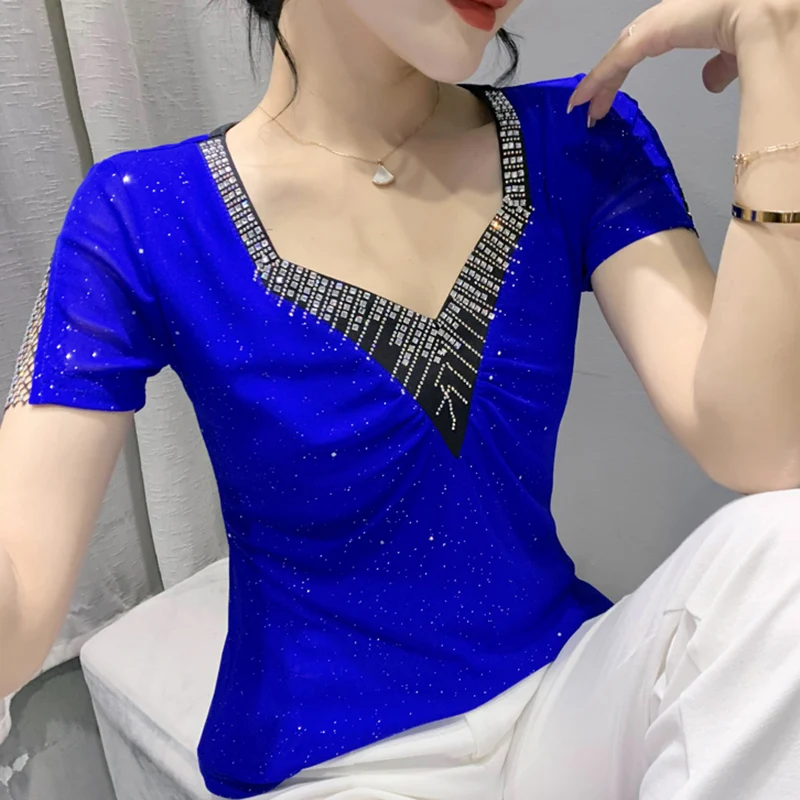 

Summer 2022 New Women's T-Shirt Fashion Casual V-Neck Short-Sleeved Hot Drilling Mesh Tops Plus Size Solid Color Blusas