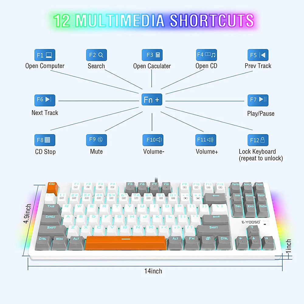 wired mechanical gaming keyboard 3 colors keycap 87 keys outemu switch blue backlit rgb side light for mac pc windows xp810 free global shipping