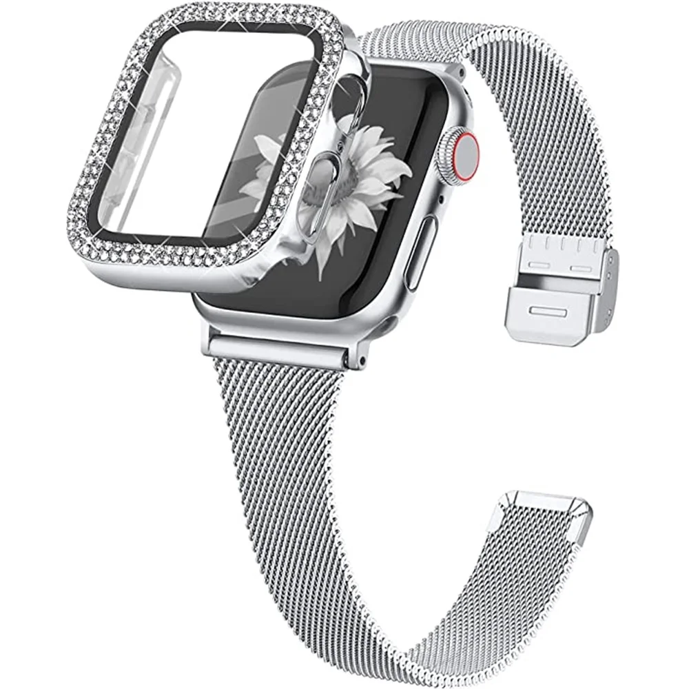 

Бриллиантовый чехол и ремешок для Apple Watch Band 41 мм 45 мм 40 мм 44 мм 38 мм 42 мм, тонкий браслет из нержавеющей стали для iWatch Series 7 6 SE 5 4 3
